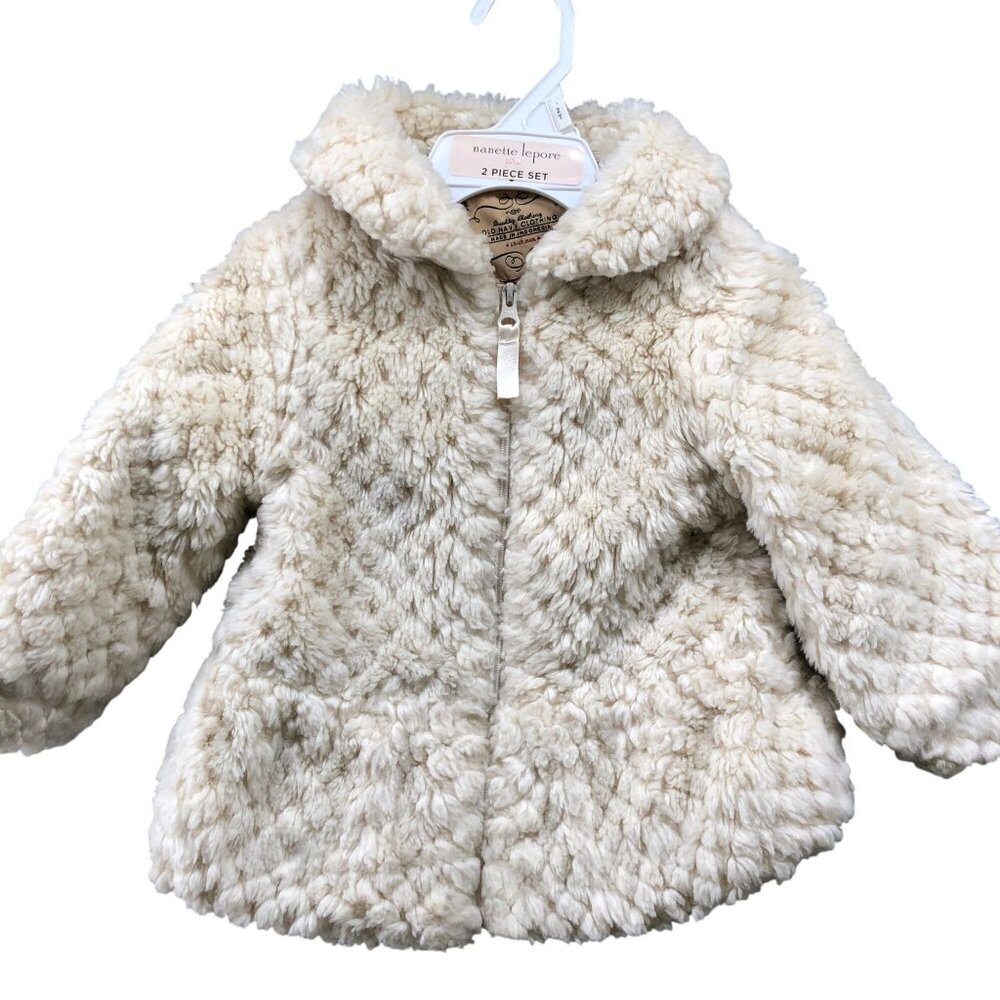 Vintage Y2K Old Navy Baby Girl Faux Fur‎ Sherpa Hooded Jacket Cream 12-18M